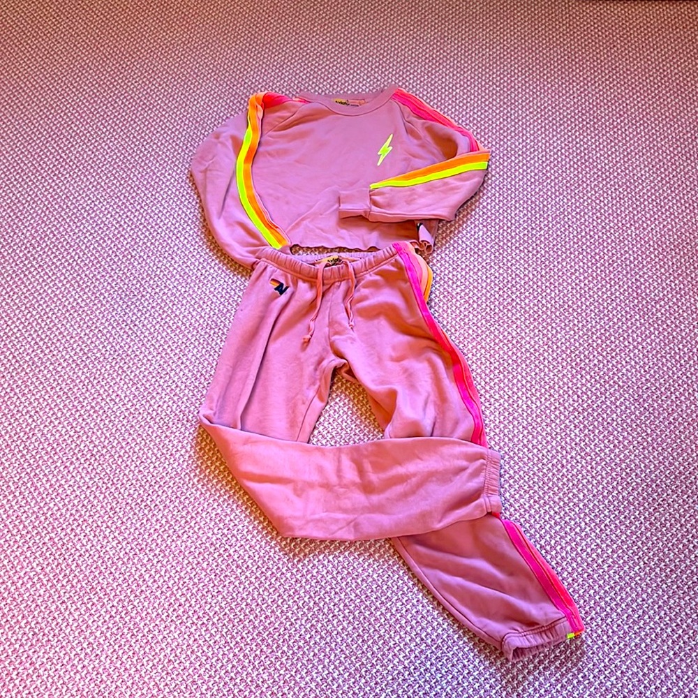 AVIATOR NATION Pink 5 stipe lighting bolt sweatshirt and sweatpants